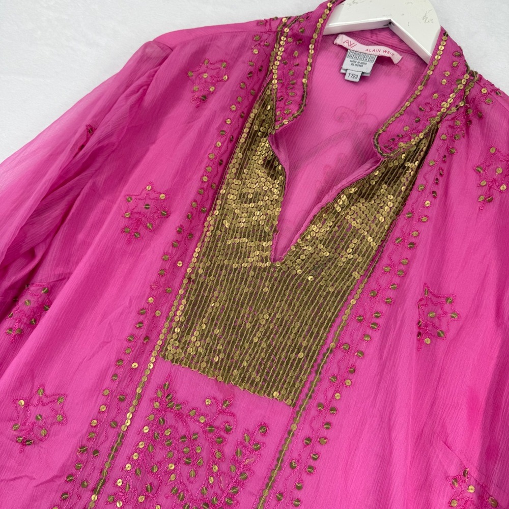 Alain‎ Weiz Womens Pink Sequin Embroidered Tunic Blouse V-Neck Sheer Top Size 18